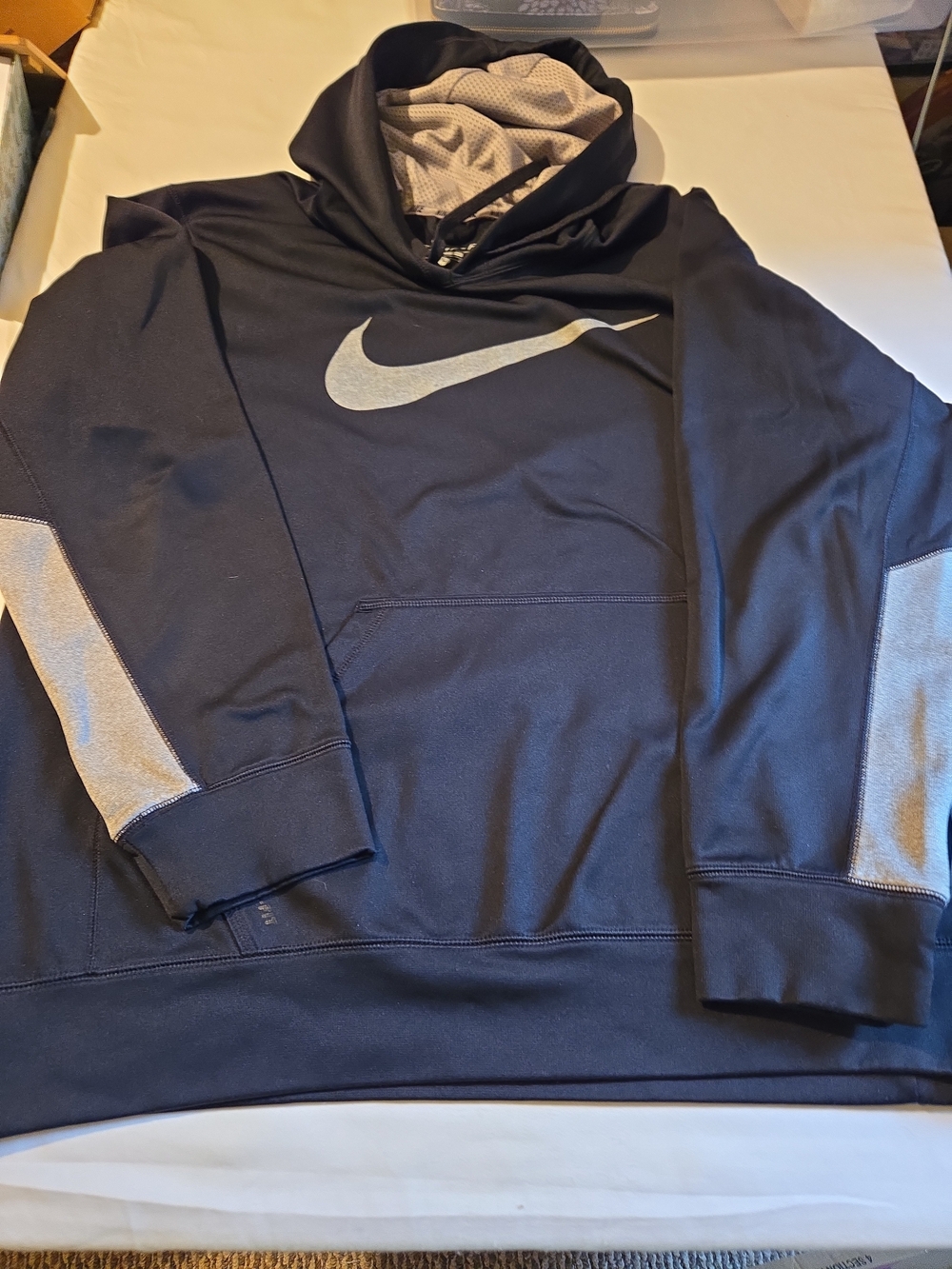 Nike Men’s Black Zip-Up Hoodie with Silver Swoosh and Gray Panels